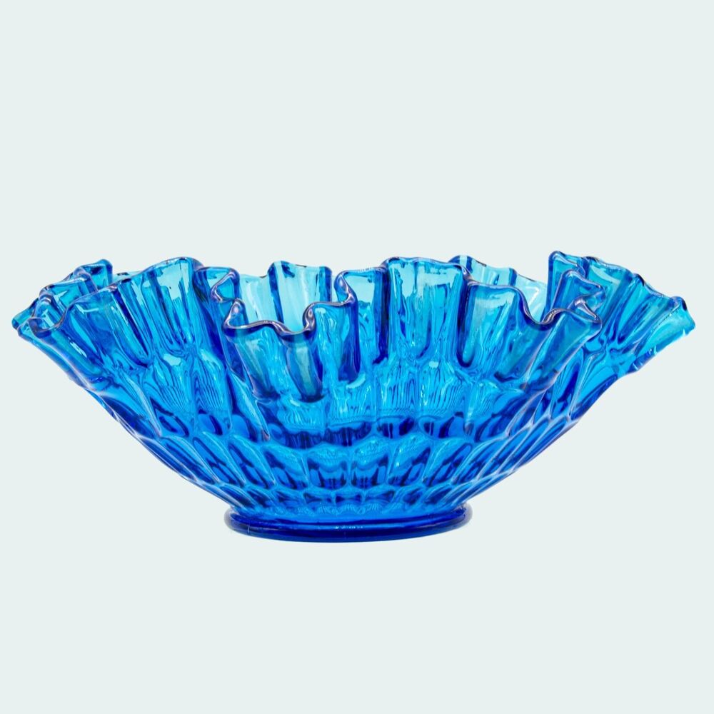 FENTON LARGE VTG 1960's Colonial Blue Thumbprint Pattern Crimped Edge 12" Bowl